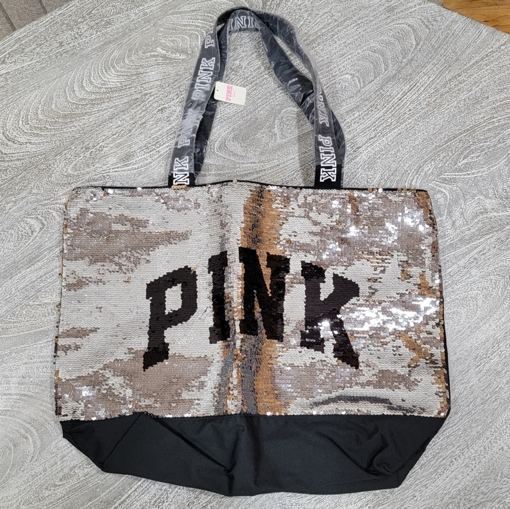 PINK black and sparkly silver tote bag